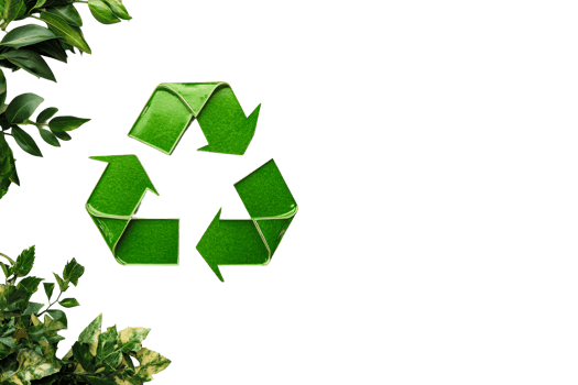 Recycle symbol surrounded by green leaves on transparent background png