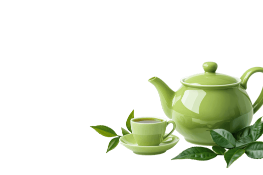 Elegant green teapot with cup and fresh tea leaves on white background png