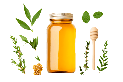 Herbal honey jar with leaves and wooden dipper, transparent png