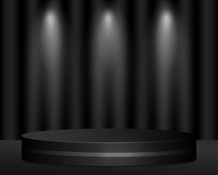 black luxury round podium in dark room against black curtains vector