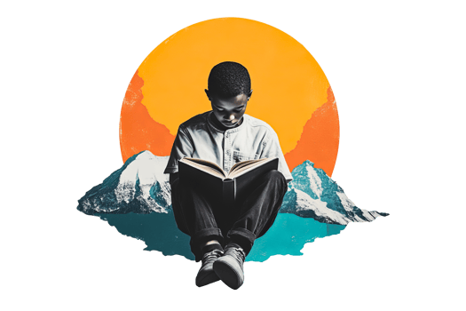 Boy reading a book with mountains and sun background png