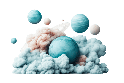 Colorful planets orbiting amidst fluffy clouds in space png