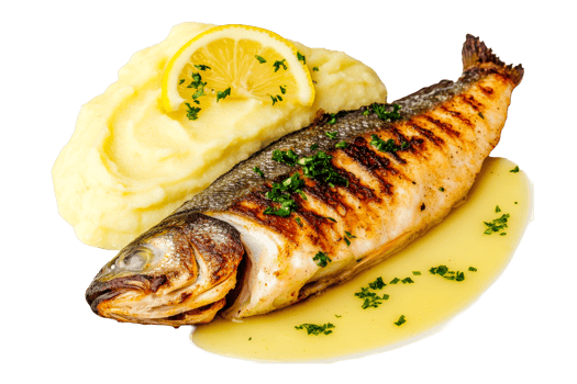 Grilled fish filet with mashed potatoes and lemon garnish png