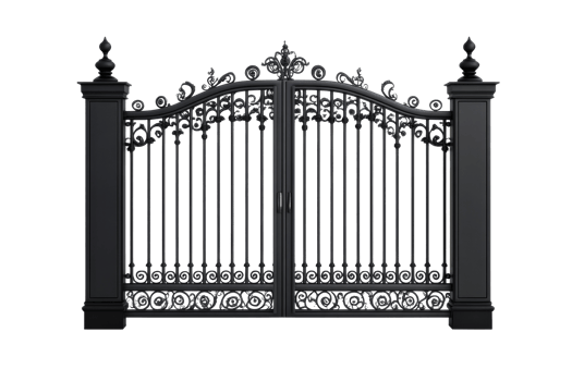 Elegant wrought iron gate design with ornate details and transparency png
