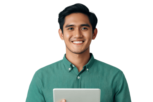 Young man holding tablet with smile, dressed in green shirt png