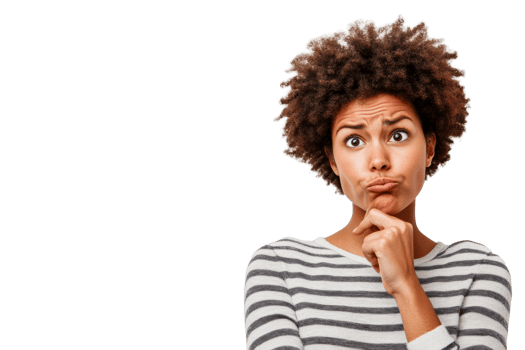 Curly haired woman looks thoughtful on a transparent bg png