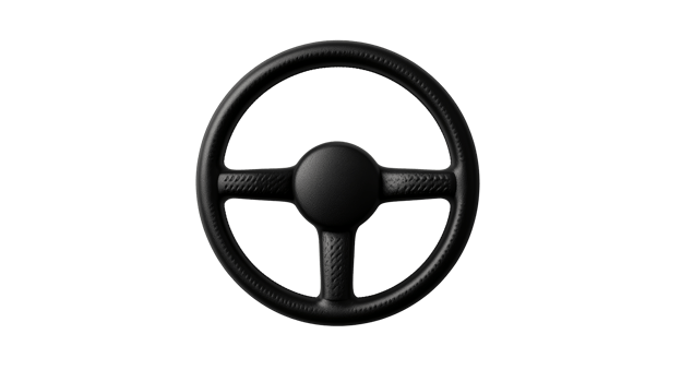 Black steering wheel with four spokes, cut out transparent png