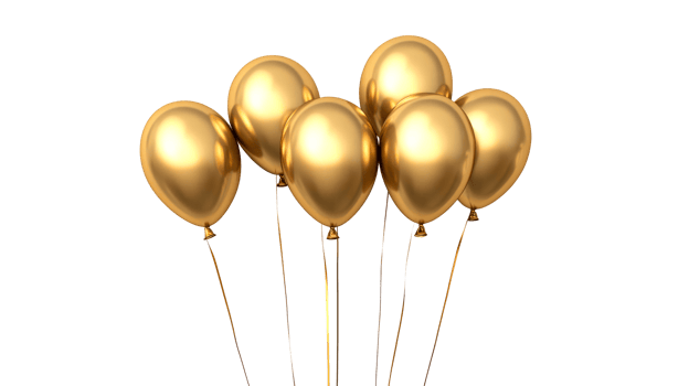 Bunch of golden shiny balloons floating in the air, cut out transparent png