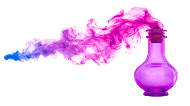 Pink liquid potion in glass bottle with blue smoke, cut out transparent png