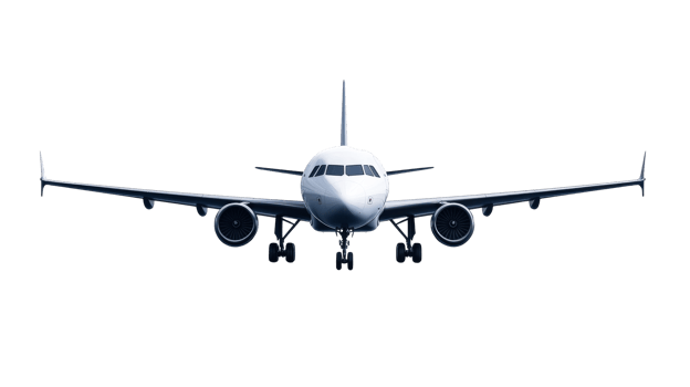 Modern airliner front view on approach, cut out transparent png