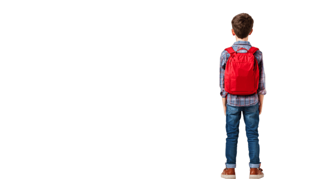 Boy with red backpack and blue checked shirt standing, cut out transparent png