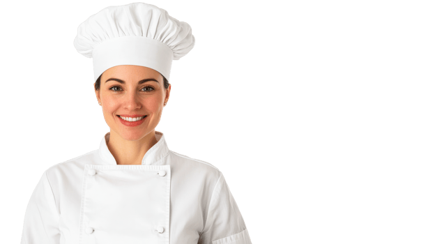 Female chef wearing a white uniform and hat smiling brightly png