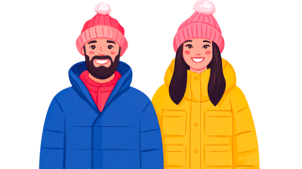 Couple in winter clothes smiling, cartoon style illustration, cut out transparent png