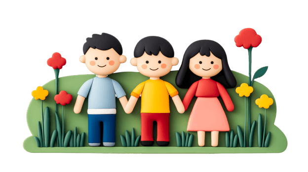 Happy children holding hands in the garden, clay art, cut out transparent png