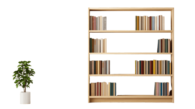 Bookshelves with plant, book collection, cut out transparent png