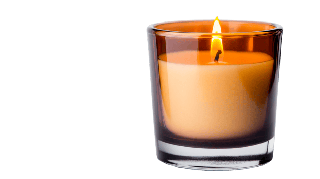 Candle flame in brown glass holder, ambiance decoration, cut out transparent png