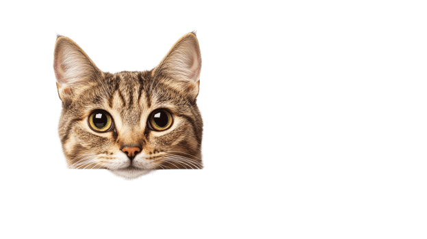 A charming brown tabby cat peeks with large expressive eyes png