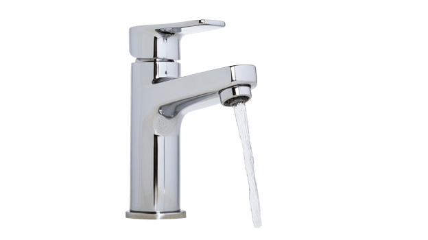 Shiny faucet flowing water stream on dark background, cut out transparent png