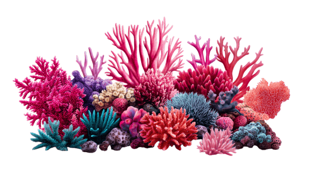 Colorful Coral Reef Scene with Diverse Species, cut out transparent png