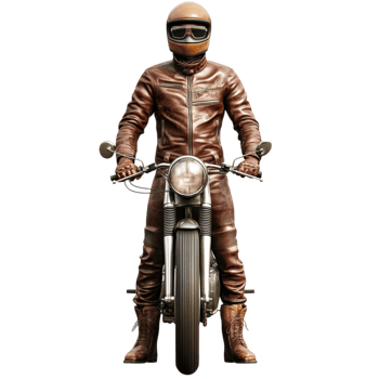 Retro Motorcycle Rider in Full Leather Gear on a Vintage Bike png