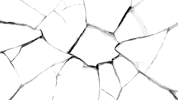 Glass shattered on a black background, cracked pieces of shiny material, cut out transparent png