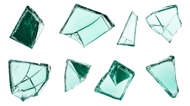 Shards of glass, broken, isolated on black, destruction, sharp, cut out transparent png