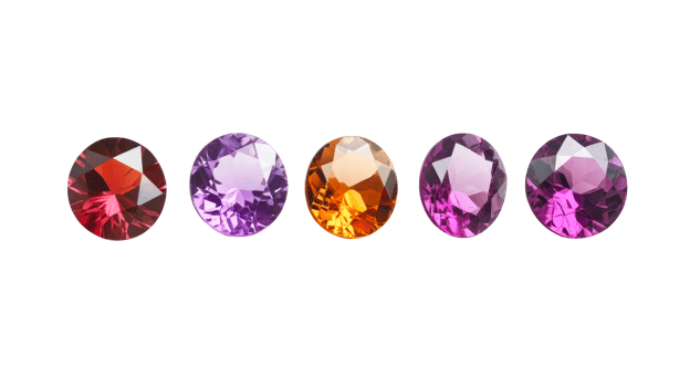 Five gems, different colors of jewels, on black background, cut out transparent png