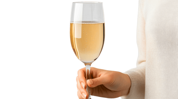 Hand holds champagne glass, celebration, black background, cut out transparent png