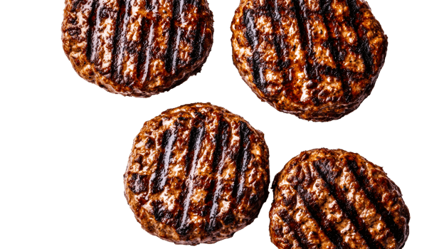 Grilled juicy burger patties with dark grill marks, cut out transparent png