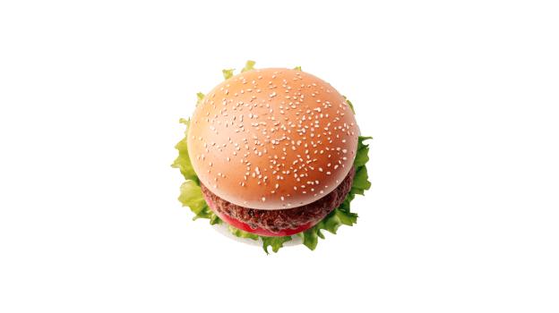 Fresh burger with sesame seed bun, top view, cut out transparent png