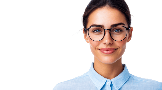 Smiling young professional woman in glasses, cut out transparent png