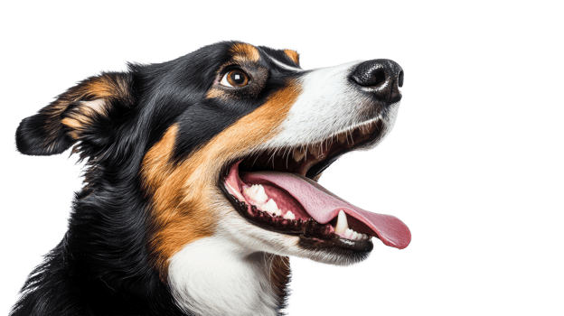 Happy dog with open mouth looking up, domestic animal, cut out transparent png