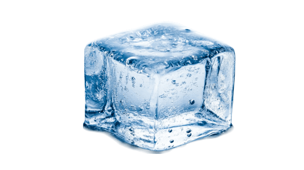 Ice cube close-up with condensation, isolated on black, cut out transparent png