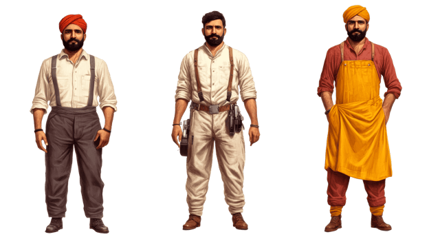 Three diverse men in vintage clothing, portrait, cut out transparent png