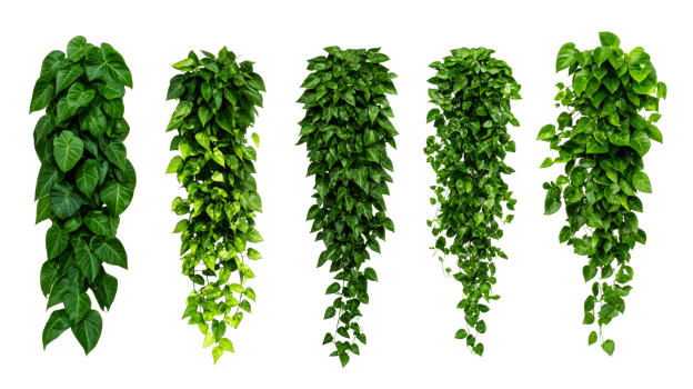 Variety of lush green hanging plants on black, cut out transparent png