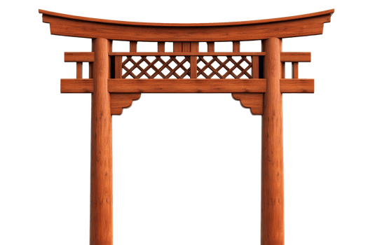 Ornate wooden torii gate, lattice details, architectural element, cut out transparent png