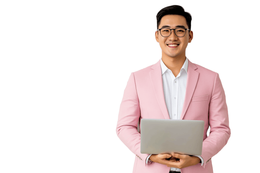 Asian man with laptop in pink suit smiles friendly, cut out transparent png