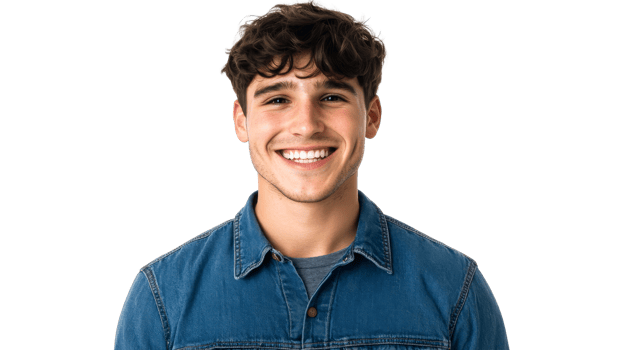 Smiling young man with curly hair poses for headshot, cut out transparent png