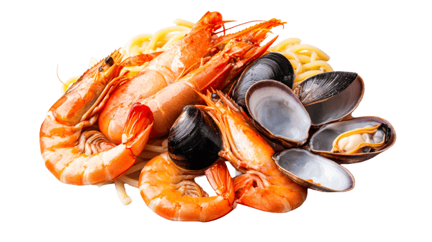 Seafood pasta with mussels and prawns, gourmet cuisine, cut out transparent png