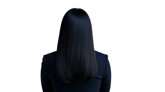 Woman with long black hair in jacket, rear view, cut out transparent png
