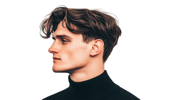 Handsome man in profile with styled hair, cut out transparent png