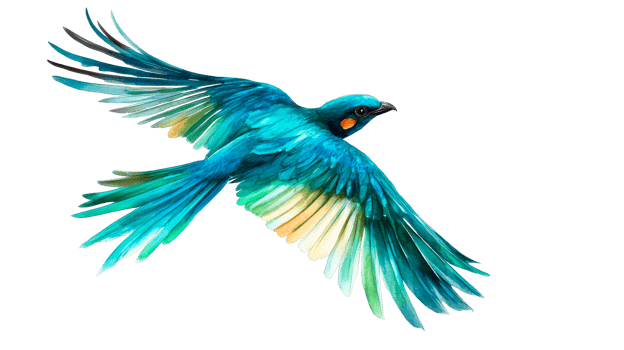 Watercolor bird in flight, vibrant feathers, blue and green hues, cut out transparent png