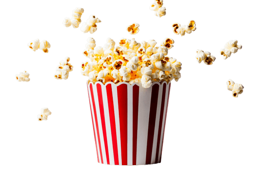 Popcorn overflowing in red and white striped container, cut out transparent png