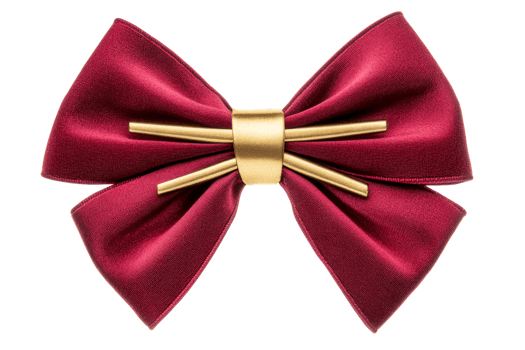 Elegant maroon ribbon bow with golden accent, cut out transparent png