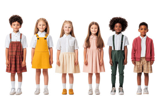 Group of children posing together in stylish retro outfits, cut out transparent png