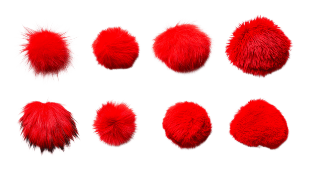 Set of Red Fur Pom Poms in Various Styles, cut out transparent png
