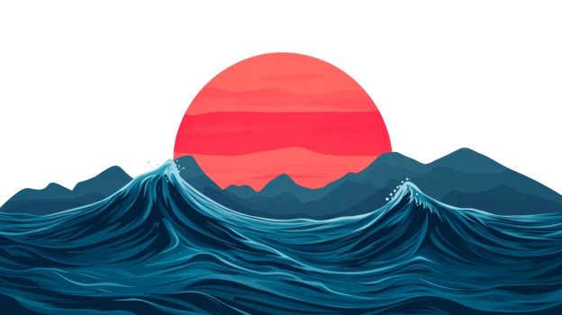 Sunset over ocean waves and mountains illustration, cut out transparent png