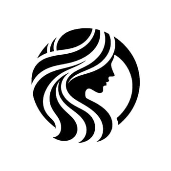 Silhouette of a womans profile with flowing hair enclosed within a circle, a minimalist black and white design. vector
