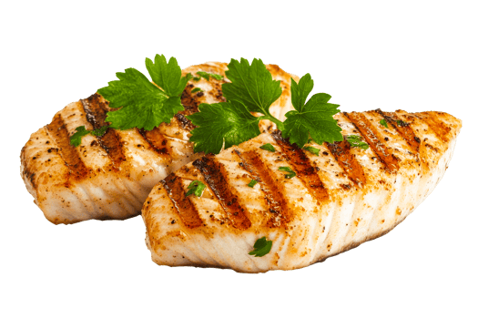 Two pieces of grilled chicken breast garnished with parsley, cut out transparent png