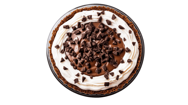 Chocolate cream pie with chunks, top view, sweet food, dessert, cut out transparent png
